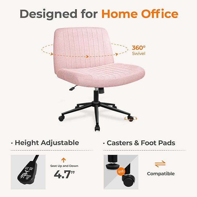NEO Chair Criss Cross Chair with Wheels Armless Cross Legged Office Desk Wide Comfy Vanity Makeup Chair Adjustable Swivel Rolling Computer for Home Office Fabric (Pink)