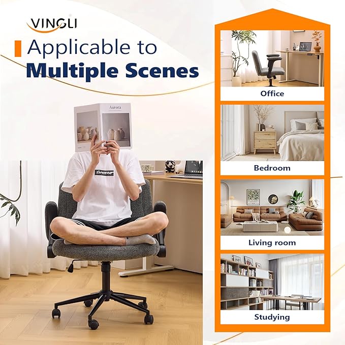 VINGLI Criss Cross Chair with Adjustable Flip-Up Arms,Cross Legged Chair with Wheels, Extra Wide Office Chair,Cozy Desk Chair for Home Office, Vanity, Apartment,Chenille Velvet,Grey
