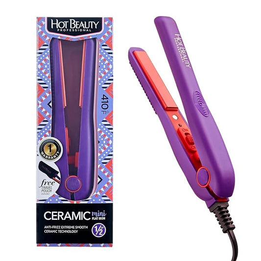 Professional Ceramic Mini Flat Iron 1/2", Anti-Frizz, Fast Heating, Versatile Styling for Curly & Straight Hair, Ideal for Traveling with Travel Pouch (Violet)