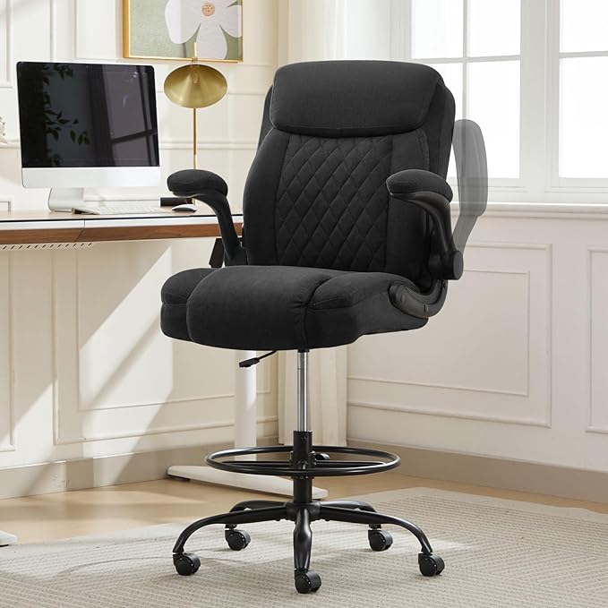 Drafting Chair for Standing Desk – Tall Office Chair with Adjustable Height & Foot Ring, Flip-Up Arms, Lumbar Support – Comfortable Fabric Seat, Ideal Home Desk Chair
