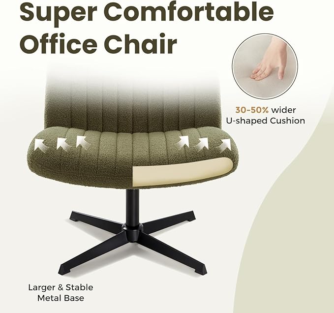 IWMH Criss Cross Velvet Armless Wide Office Chair - No Wheels, Cross Legged with Adjustable Height, Wide Seat, Desk Chair for Home, Office, Bedroom (Green)