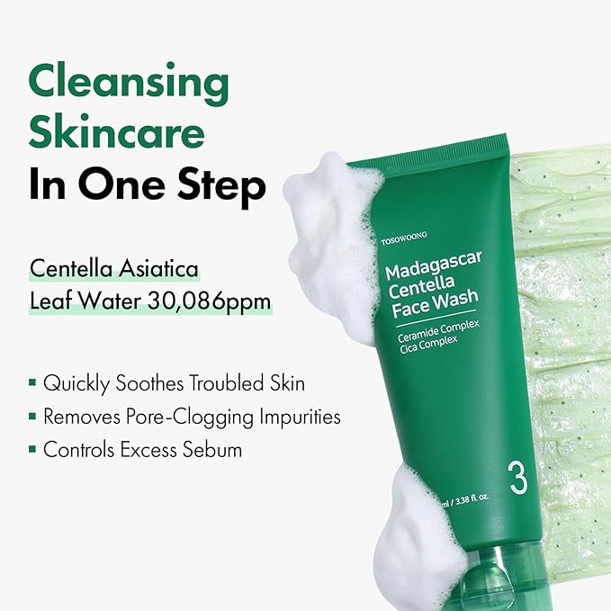 TOSOWOONG Madagascar Centella Face Wash, Mochi Whip with Capsules for Blackheads, Clogged Pores, Excess Sebum, Troubled Skin, Calming with 9 Cica Complex, Korean Skincare, 100 ml / 3.38 fl. oz.