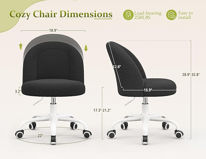 Vanity Chair with Back, Cute Desk Chair with Wheels, Armless Office Chair Height Adjustable, Soft Lumbar Support for Small Space, Bedroom, Black