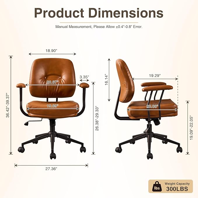 HOOOWOOO Ergonomic Office Chair,Mid Century Modern Computer Desk Chair,Comfy Executive Chair with Extra Wide Tufted Cloudy Seat Lumbar Support Rocking Back,PU Leather Light Brown