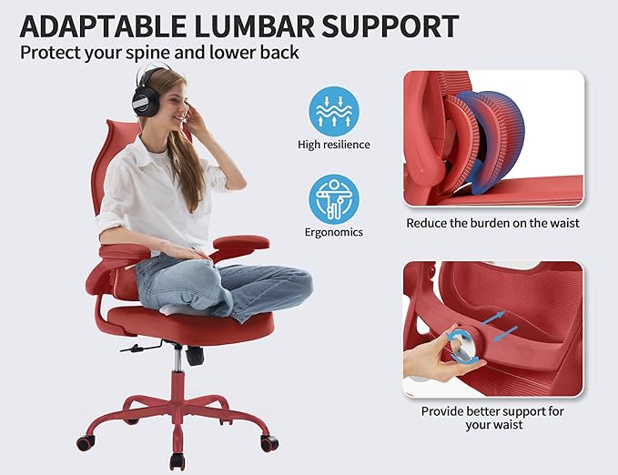 TRALT Ergonomic Office Chair - Desk Chair with Wave High Back Adjustable Lumbar Support Computer Chair - Gaming Chairs Mesh Backrest and PU Leather Seat (RED)