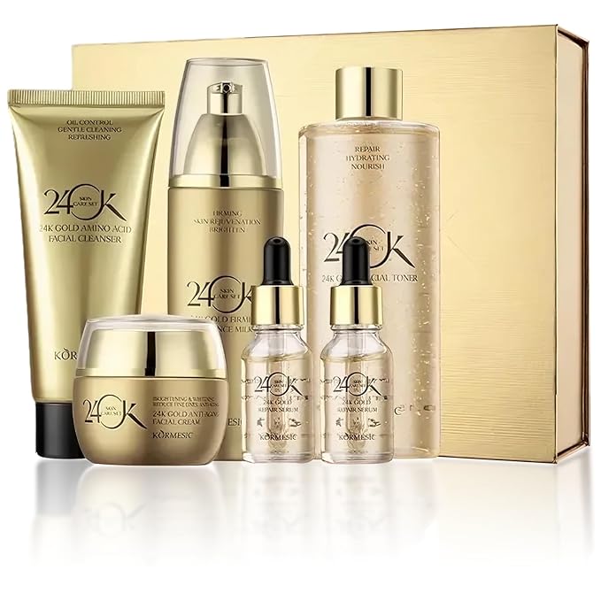 Women’s Gold Skin Care Set 6-Piece Collection - 24K Anti-Aging Skincare Kit: Facial Cleanser, Face Serum 2pcs, Eye Cream, Essence Milk, Toner, Anti-Aging Skin Care Kit for Women