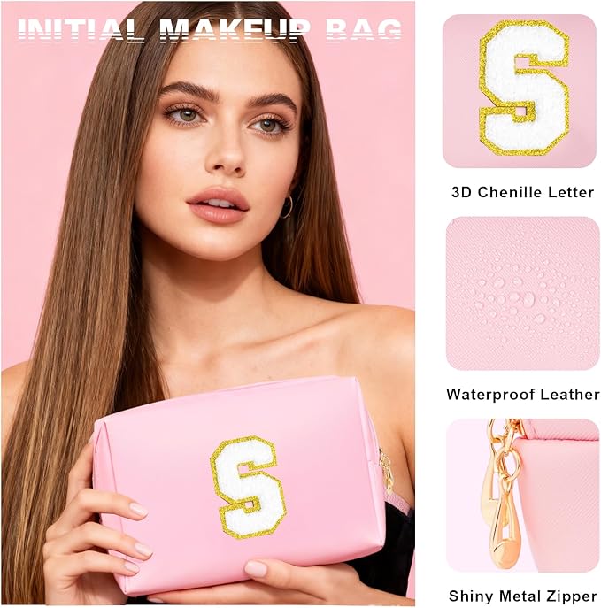 Initial Makeup Bag - Birthday Gifts for Girls 4 5 6 7 8 9 10 11 12 Year Old Teen Girls, Personalized Teen Girl Gifts - Preppy Cosmetic Bags Cute claw clips for Kids Women (Pink S)