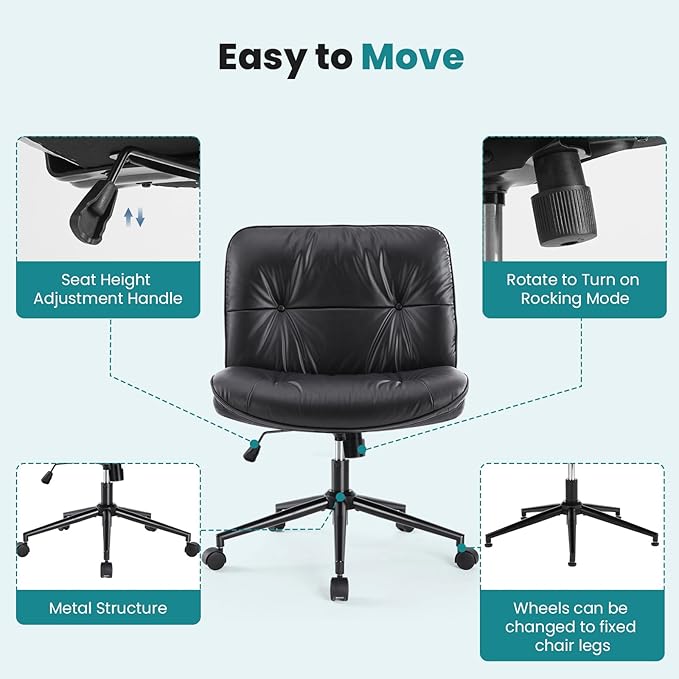 OLIXIS Criss Cross Chair with Wheels Armless Wide Cross Legged Vanity Office Desk Chair with Comfy PU Leather& Back - Swivel for Home Office Bedroom, Black