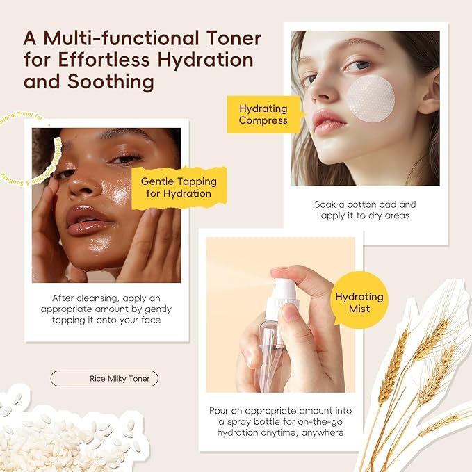 Rice Toner for Face with Rice Extract, Lightweight Facial Moisturizer for Dry Skin, Deep Moisturizing Strengthen Skin Minimize Pores for All Skin Types- 100ml