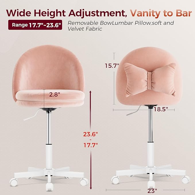GTPLAYER Velvet Tall Office Chair with Wheels Vanity Chairs with Back, Versatile Height Use: Office to Bar Stools Small Ergonomic Comfy Armlees Computer Desk Chair with Bow Lumbar Pillow for Gift