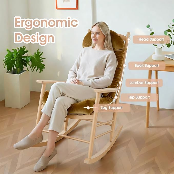 Rocking Chair Cushion Indoor Large Chair Pads Set with Ties Extra Lumbar Pillow Premium Dutch Velvet High Resilience Filler Non-Slip Bottom, Khaki