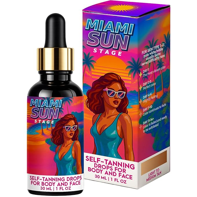 Miami Sun Stage Self Tanning Drops Face & Body - Medium to Dark Tan - For Skin Type 2-3 - Hydrating Sunless Concentrate with Aloe & Fruit Extracts - Vegan Cruelty Free Liquid Bronzer - 1 fl oz