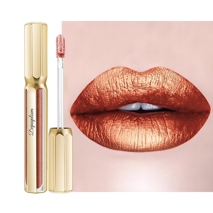 Bronze Lipsticks for Women Metallic Lipstick Long Lasting Non Stick Cup Lip Gloss, Metal Shine Lightweight Hydrating Full Coverage Lip Color, DP103 Fantasy