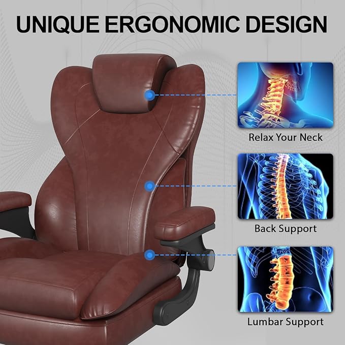Hovos Office Chair, Ergonomic Big and Tall Desk Leather Chair with Padded Flip-up Arms, Adjustable Tilt Lock, Heavy Duty Swivel Rolling Computer Chair for Home Office, Brown