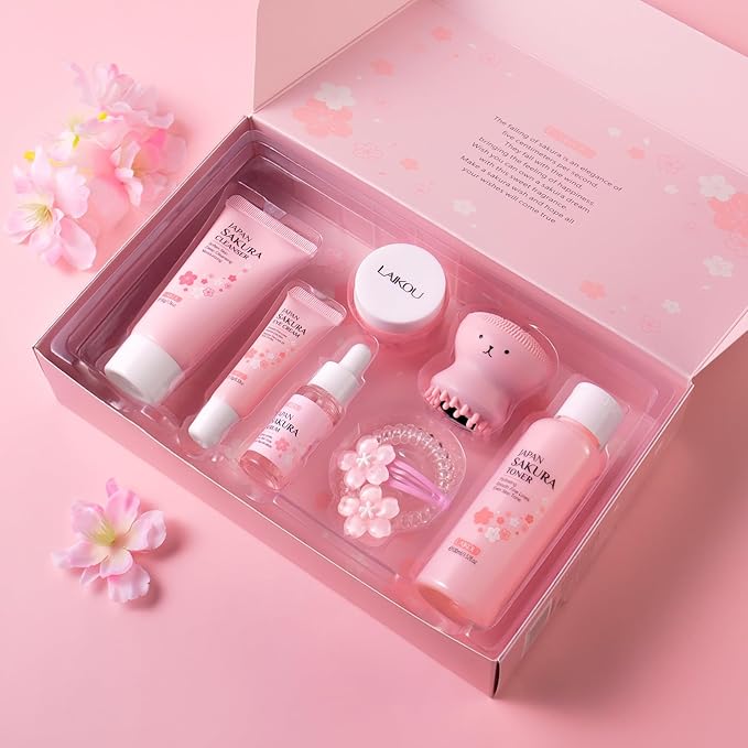 1 Pack Skin Care Set, Containing Facial Cleanser + Toner + Serum + Eye Cream+ Essence Cream+ Hair Clip + Facial Cleansing Brush + Hair Tie