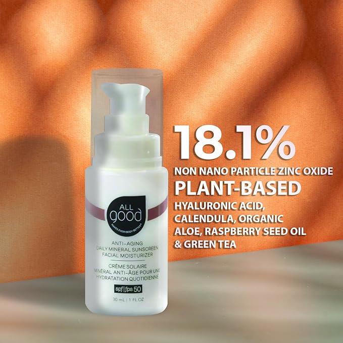 All Good Anti-Aging Daily Mineral Sunscreen Face Moisturizer with SPF 50 Protection | w/Hyaluronic Acid, Niacinamide, Calendula Extract | Hydrating Facial Lotion w/Broad Spectrum Protection - 1oz