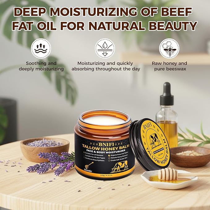 Tallow and Honey Balm for Face Beef Tallow for Skin Organic Grass-Fed Beef Tallow Balm for Face Body Moisturizer (Lavender)