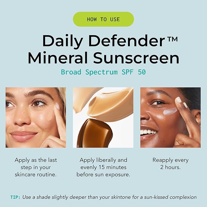 Daily Defender Broad Spectrum SPF 50 Mineral Sunscreen with Hyaluronic Acid, Vitamin C & Niacinamide (as Vitamin B3), Lightweight UVA & UVB Protection, Skin Care, Medium