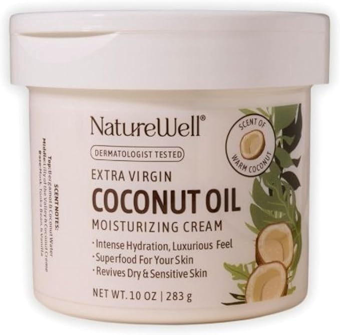 NATURE WELL Coconut Oil Moisturizing Cream for Dry Skin – Deep Hydration Lotion for Face, Body & Hands, Spa Quality Skincare, Softens & Smooths, Non-Greasy, Fast Absorbing, Vitamins A C E, 10 Oz