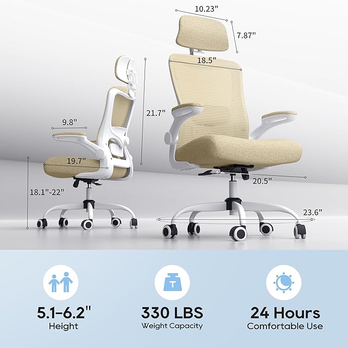 Ergonomic Office Chair, High Back Mesh Desk Chair with Adjustable Lumbar Support & Headrest, Flip-up Armrest, Computer Task Chairs for Home and Executive Office (W-Beige)