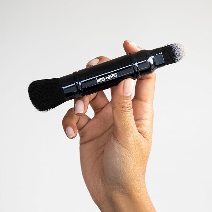 Lune+Aster Complexion Duo Brush | Retractable Makeup Brush With Two Ends For Application Of Cream, Liquid And Powder. Made with Alumium Handle, Vegan Bristles.