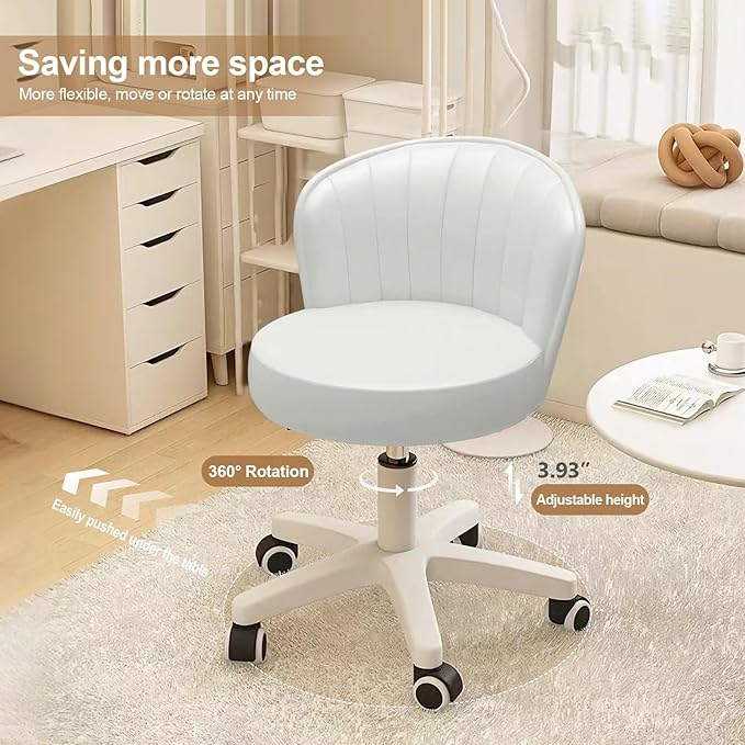 Small Round Rolling Desk Chair Armless Comfy Vanity Computer Chair with Low Backrest PU Leather Height Adjustable Swivel Work Spa Chair
