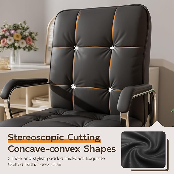 Black Leather Office Desk Chair, Swivel Computer Home Office Desk Chair with Wheels and Padded Arms, Adjustable Height and Tilt
