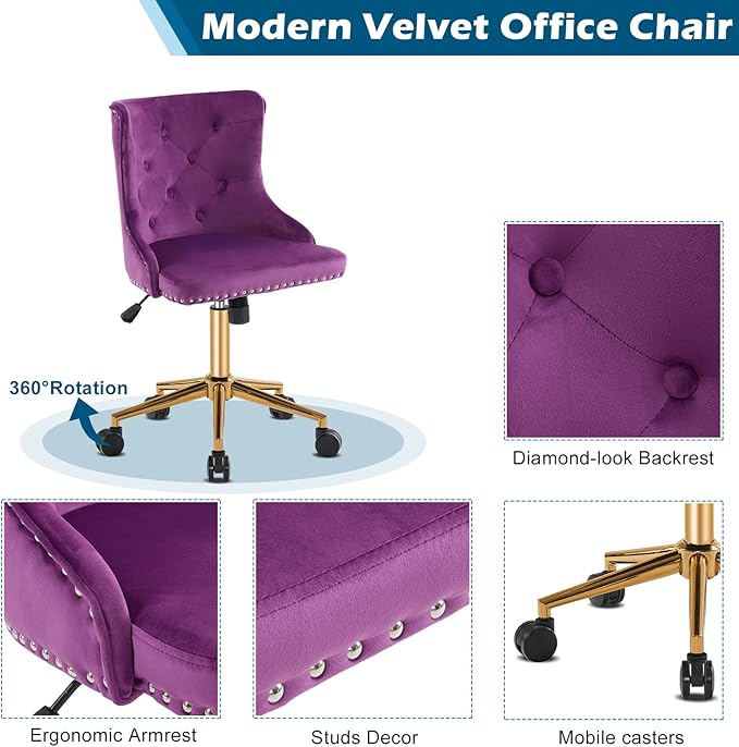 VINGLI Dark Purple Armless Home Office Desk Chair with Gold Base/Wheels, Small Cute Vanity/Makeup Chair with Back for Bedroom, Upholstered Adjustable Rolling Swivel Nail Chair for Women/Girls