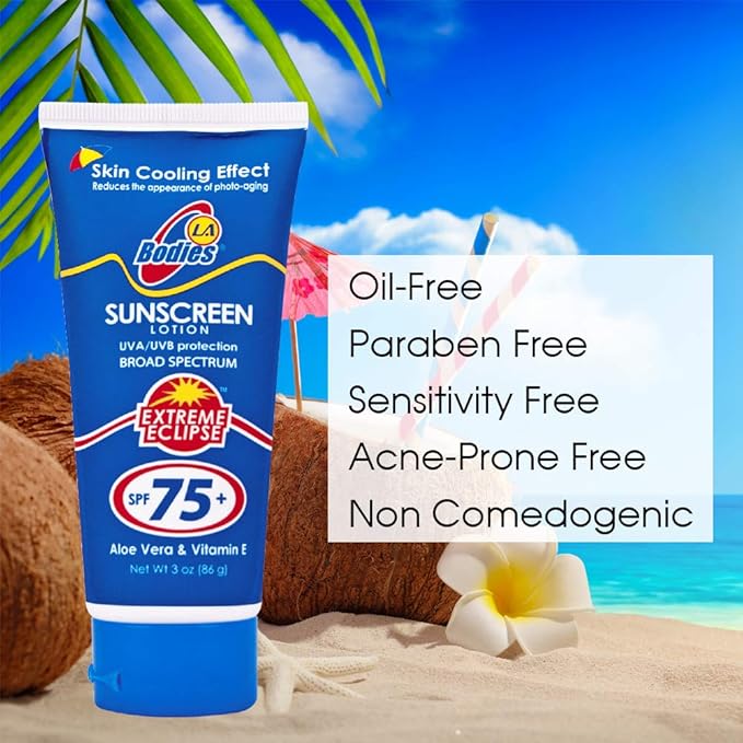Sunscreen Moisturizing Face & Body Lotion (SPF 75) w/Aloe Vera for Cooling Sensation | Works with Acne Prone Skin | UVA UVB Protection Sunblock | 3oz
