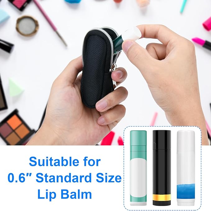 Portable Lip Balm Organizer Case with Keychain, Travel Chapstick Holder Storage Bag, Waterproof Small Cosmetic Organizer, Anti-Lost Lipstick Lip Gloss Sleeve Pouch Keeper Case (Black, Small)