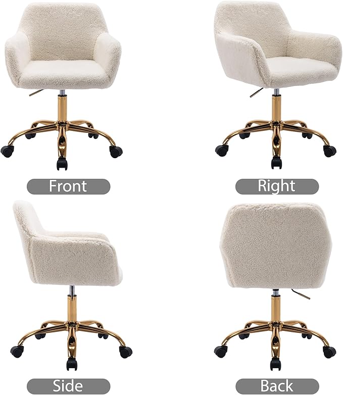 KCC Faux Fur Office Desk Chair, Comfy Swivel Armchair with Wheels, Upholstered Fuzzy Vanity Chair, Adjustable Height, White