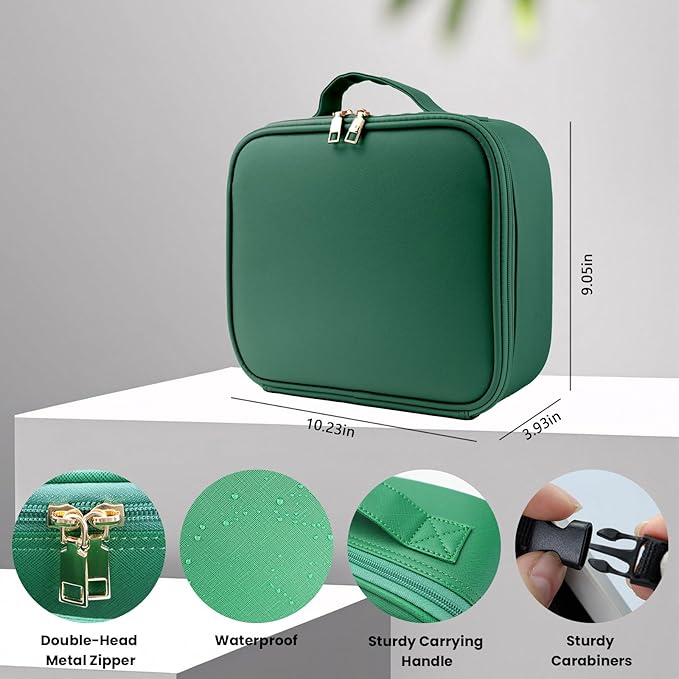 Makeup Bag with Led Mirror,Portability Cosmetic Case Portable Cosmetic Brush Organizer Bag with Adjustable Dividers,Gift for Women,Girls Gift (Dark Green)