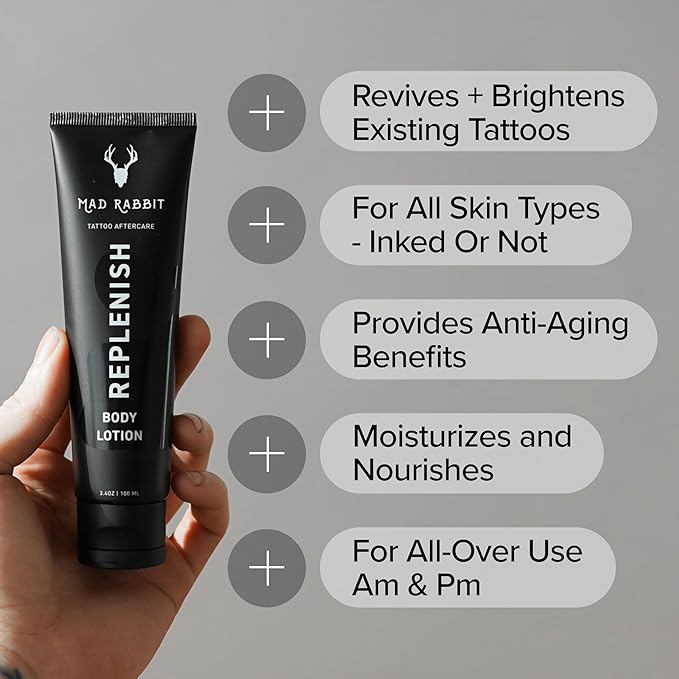 Mad Rabbit Replenish Tattoo Body Lotion - Fragrance-Free Lotion, Non-Greasy & Silicone-Free, Clean Ingredients, Lightweight for Daily Use (3.4 Fl Oz)