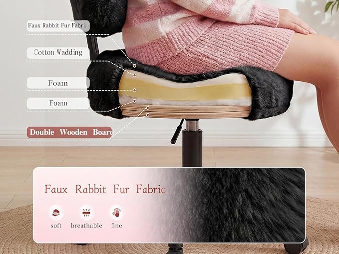 Vanity Chair with Wheels, Cute Desk Chair with Bow Backrest, Fluffy Faux Rabbit Fur Small Office Chair for Vanity, Make-up Room, Bedroom, Dorm, Height Adjustable, Black