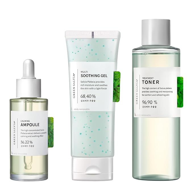 Green Salvia Multi Soothing Gel Moisturizer, Treatment Toner, and Calming Ampoule - Korean Vegan Skincare Bundle for Soothing and Cooling for Sensitive Skin