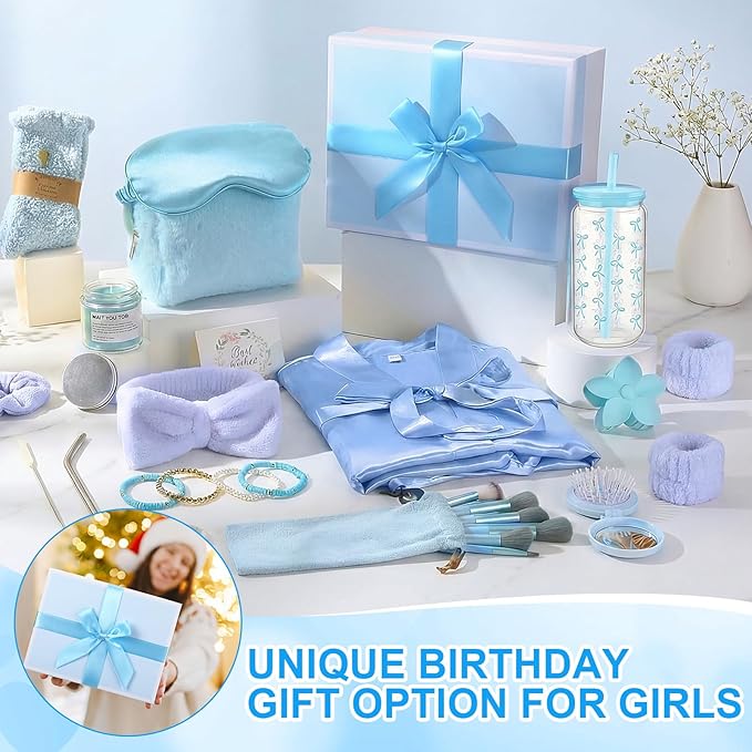 15 Pcs Birthday Gifts for Women Robe Sets for Women Spa Basket Set Graduation Gifts Bath Robe Make up Brushes Scented Candle Fluffy Socks Coffee Cup for Mom Nurse Girlfriend Wife (Blue)
