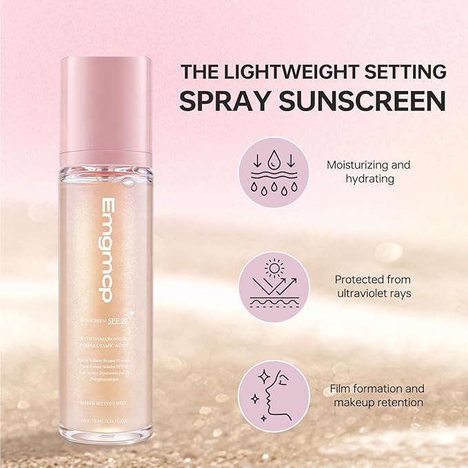 Sheer Setting Mist Sunscreen SPF 50, Broad Spectrum Shimmering Body Oil Mist for Face & Body, Hydrating Makeup-Friendly, Reef-Safe, Non-Greasy & Weightless Fast Drying for Dewy Finish (2pc)