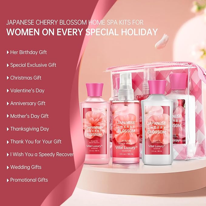 Bath and Body Gift Set – Japanese Cherry Blossom, Travel-Size Spa Kit with Gel, Lotion, Mist & Natural Extracts, Ideal for Birthday, Mother's Day & Christmas Gifts