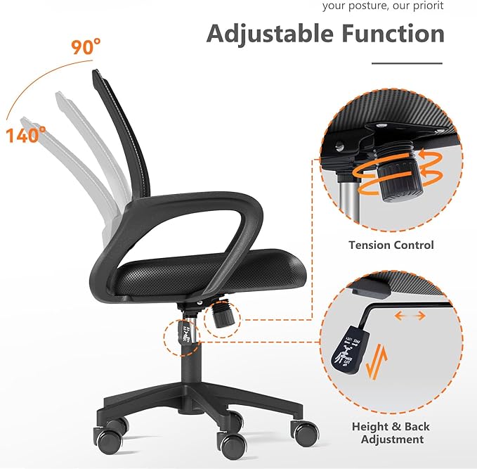 Home Office Chairs, Ergonomic Mid-Back Mesh Desk Chairs with Lumbar Support, Adjustable Swivel Rolling Design, Comfy Armrest for Work, Study, Gaming, Vanity, Black, 2 Pack
