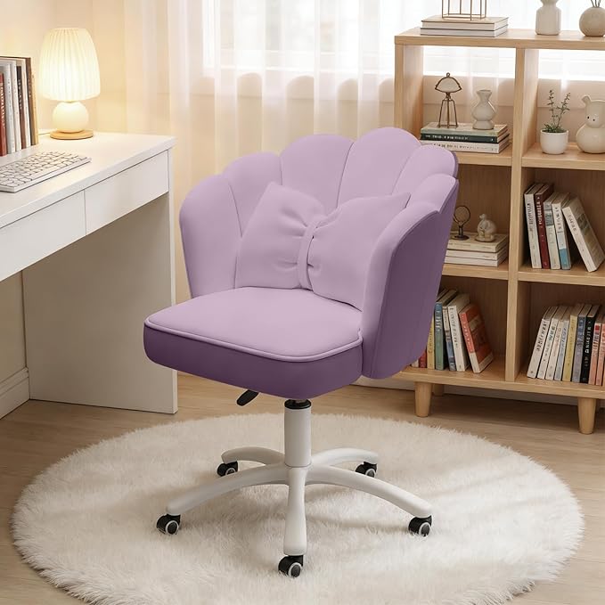 Home Office Desk Chair Swivel Rolling Vanity Chair with Silent Wheels and Comfortable Back, Adjustable Height Upholstered Computer Task Chair for Makeup, Bedroom