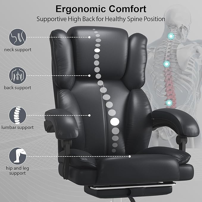 Big and Tall Office Chair, Executive Home Office Desk Chair, Leather Computer Chair with Retractable Footrest, Adjustable Headrest and Reclining Height, Padded Arms, 360°Swivel Free, Wide Seat, Black
