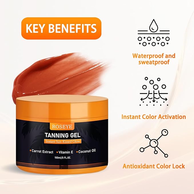 Roseye Intensive Tanning Gel Buildable Natural Glow with Carrot Extract, Coconut Oil Vitamin E Non-Greasy Fast-Absorbing Formula for All Skin Types - 5.8 FL OZ