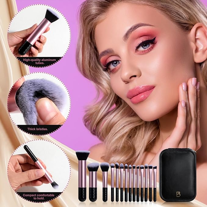 BS-MALL Makeup Brushes Set 14 Pcs with LED Light Mirror – Premium Cosmetic Tools for Flawless Beauty Routines (Black)
