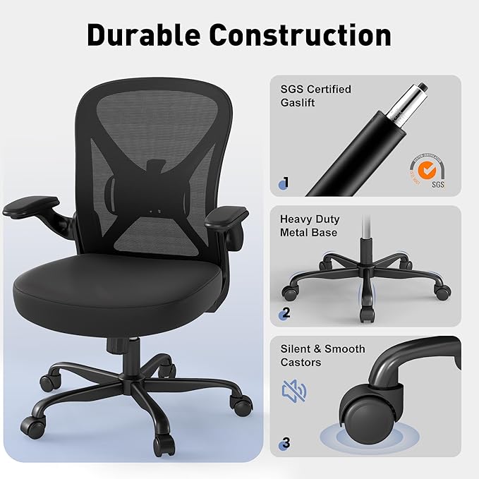 Mesh Office Chair with Adjustable Lumbar Support and Flip-up Arms, Ergonomic Home Office Desk Chair with Wheels, Black