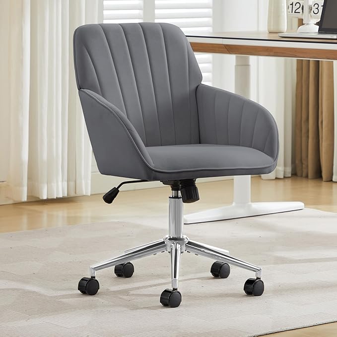 YITAI Velvet Office Desk Armchairs with Silver Base and Wheels,Modern Height Adjustable 360 Degree Swivel Upholstered Vanity Chairs for Living/Room Bedroom/Study,Gray