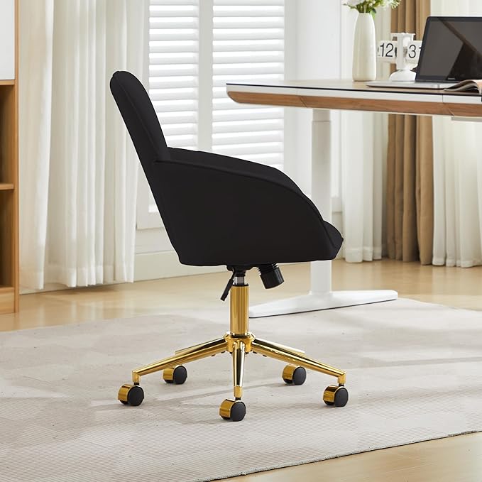 Velvet Home Office Desk Chair, Modern Cute Computer Task Chair with Back, Height Adjustable Upholstered Vanity Chair with Swivel Wheels for Women, Girls (Gold Base, Black