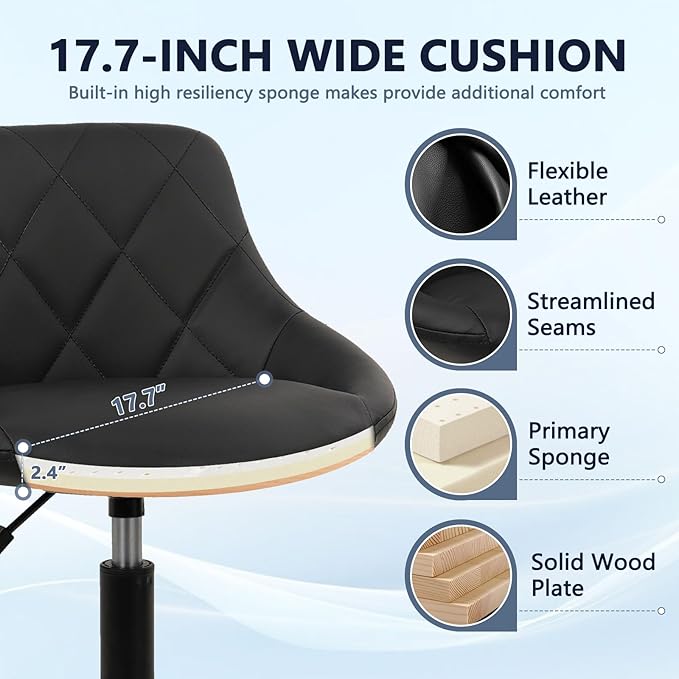 Low Back Rolling Stool PU Leather Vanity Stools, Adjustable Height Ergonomic Swivel Rolling Desk Stool Work Office Swivel Chair, Makeup Salon Spa Stools, Black, 1 Pack