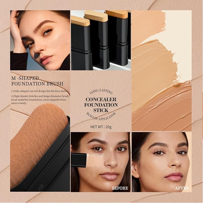 Dual-Ended Foundation & Concealer Stick with Built-in Brush, Long-Wear Matte Korean Full-Coverage Makeup, Waterproof Hydrating Contour for All Skin Tones (04#WHEAT)