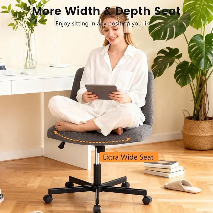 FDW Criss Cross Chair with Wheels Cross Legged Office Desk Modern Swivel Height Adjustable Wide Seat Computer Task Vanity Chair Comfy Fabric Armless Seating for Home Office