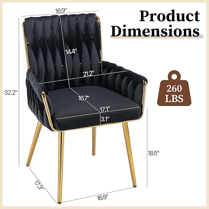 ABET Office Desk Chair No Wheels, Woven Velvet Vanity Chair with Back & Armrest, Comfy Upholstered Cute Gold Metal Legs Makeup Aesthetic Armchair for Girls & Women Bedroom, Nail Spa, Black